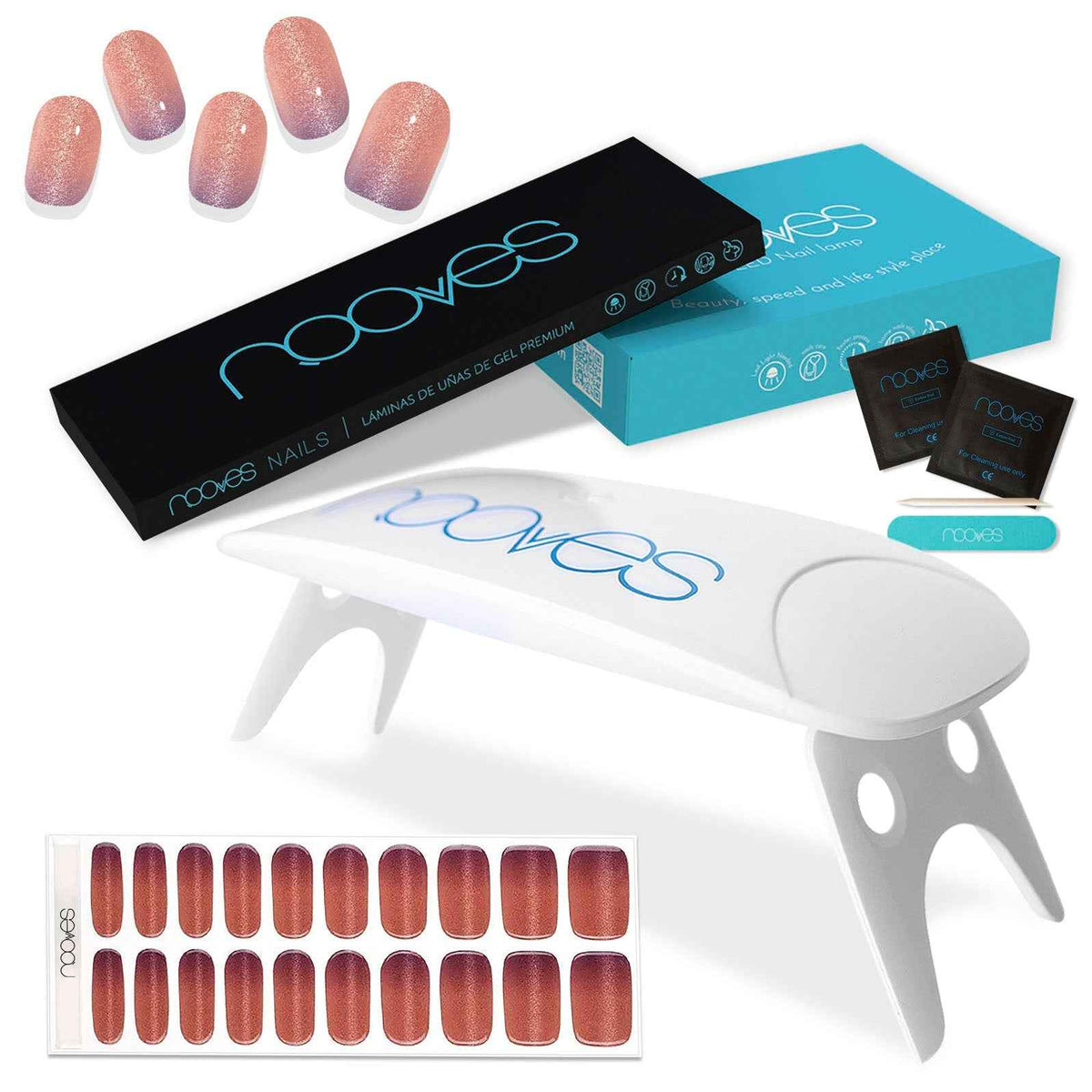 Pack Lámina de uñas de gel Premium precurado Nooves Diseños Art Design + Lámpara uñas UV/LED PORTÁTIL 8w