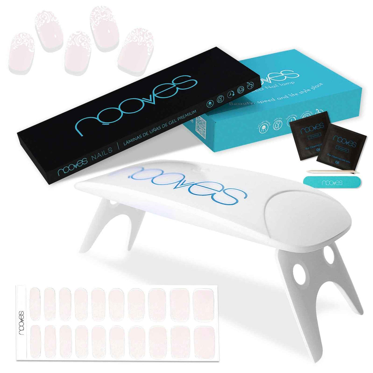 Pack Lámina de uñas de gel Premium precurado Nooves Diseños Art Design + Lámpara uñas UV/LED PORTÁTIL 8w