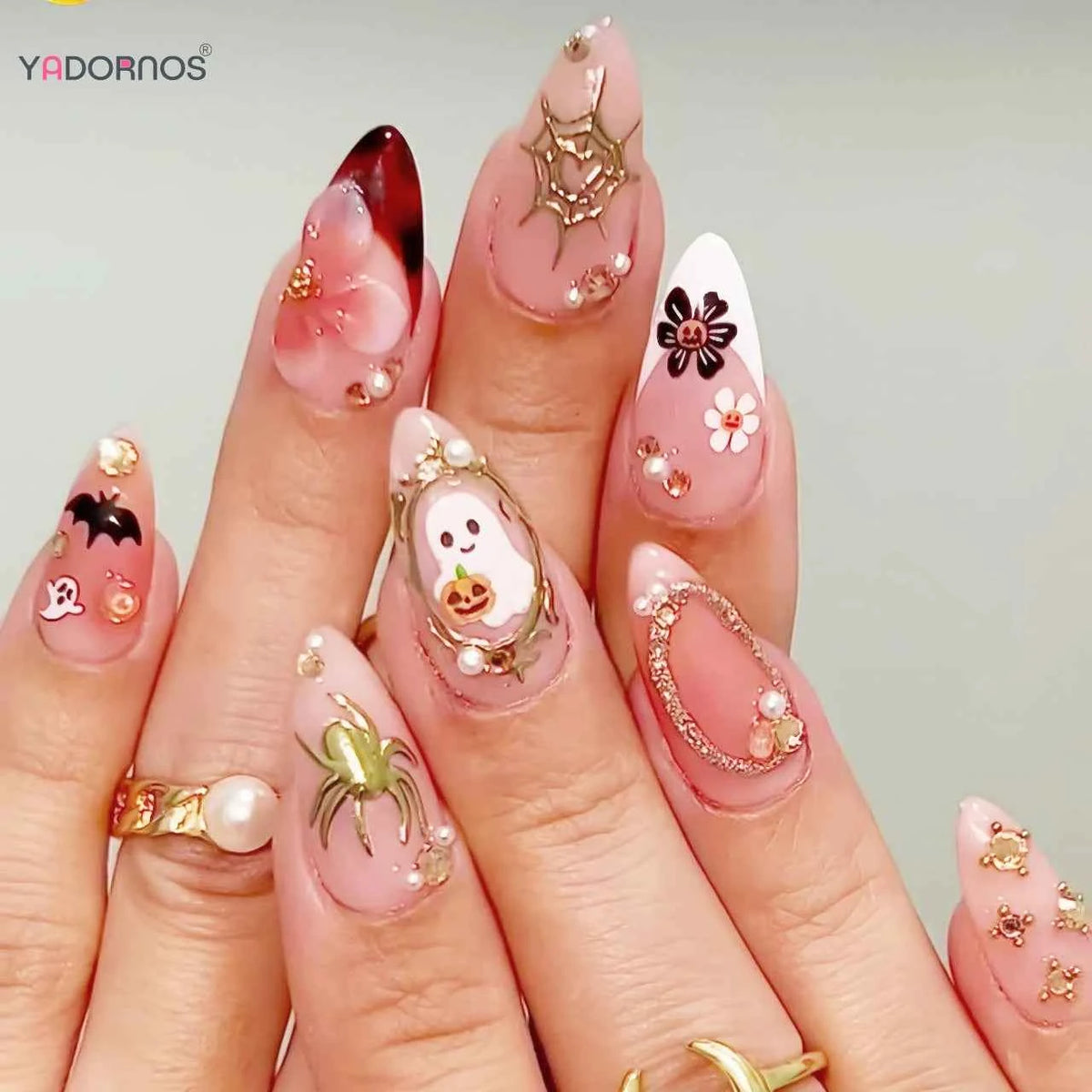 **24 Uds. Uñas Postizas Francesas Almendradas – Diseño Halloween con Calabazas, Fantasmas y Telarañas**